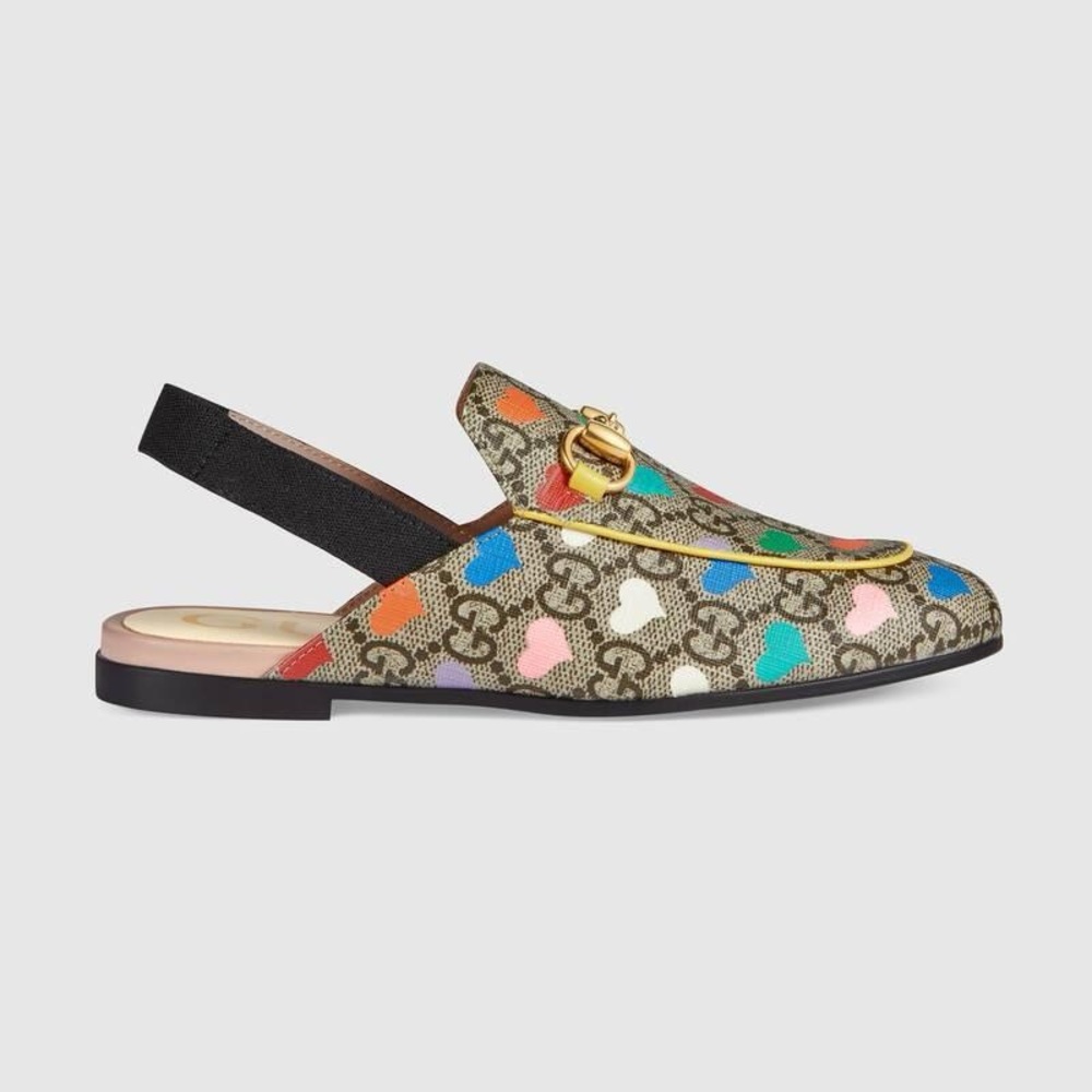 Authentic GUCCI Princetown Gg Supreme & Hearts Horsebit Mule Slide, Size 33